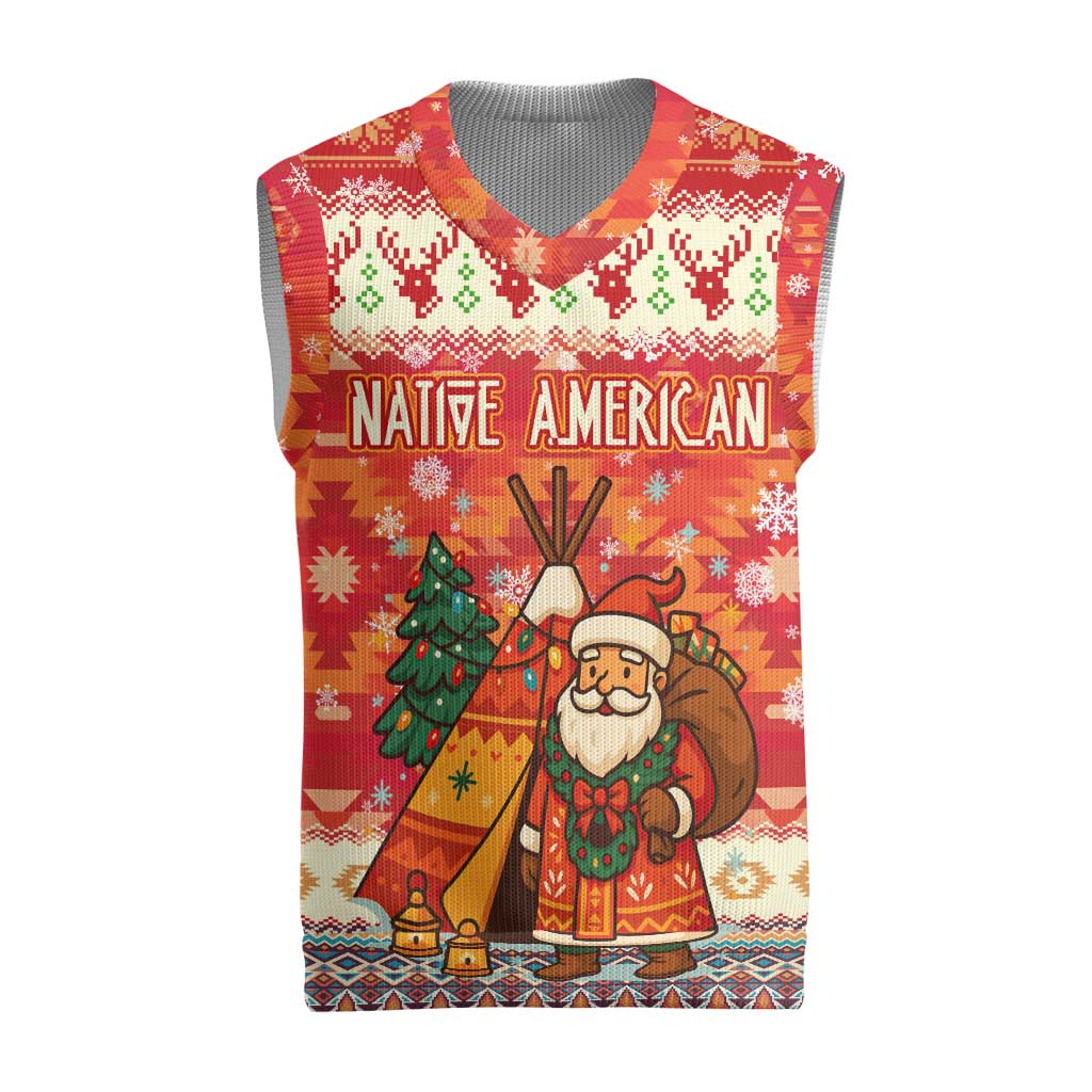 Native American Christmas Knitted V-Neck Vest with Red & Orange Geometric Pattern Santa Claus and Teepee Motif - Wonder Print Shop