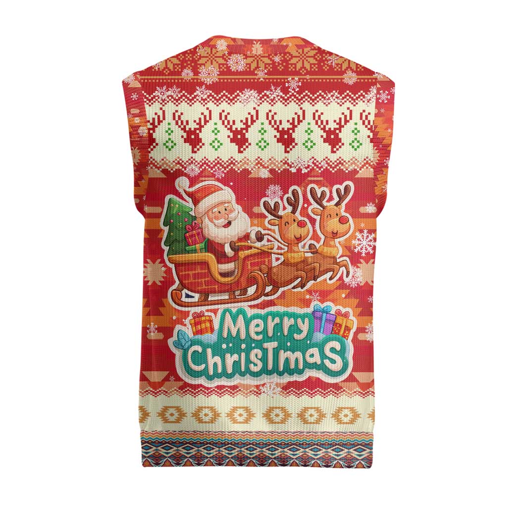 Native American Christmas Knitted V-Neck Vest with Red & Orange Geometric Pattern Santa Claus and Teepee Motif - Wonder Print Shop