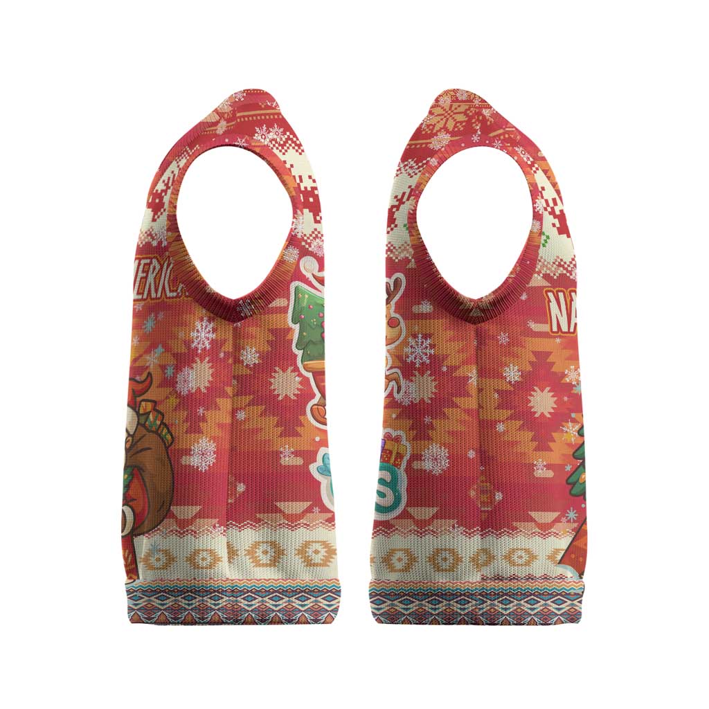 Native American Christmas Knitted V-Neck Vest with Red & Orange Geometric Pattern Santa Claus and Teepee Motif - Wonder Print Shop