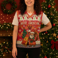 Native American Christmas Knitted V-Neck Vest with Red & Orange Geometric Pattern Santa Claus and Teepee Motif - Wonder Print Shop