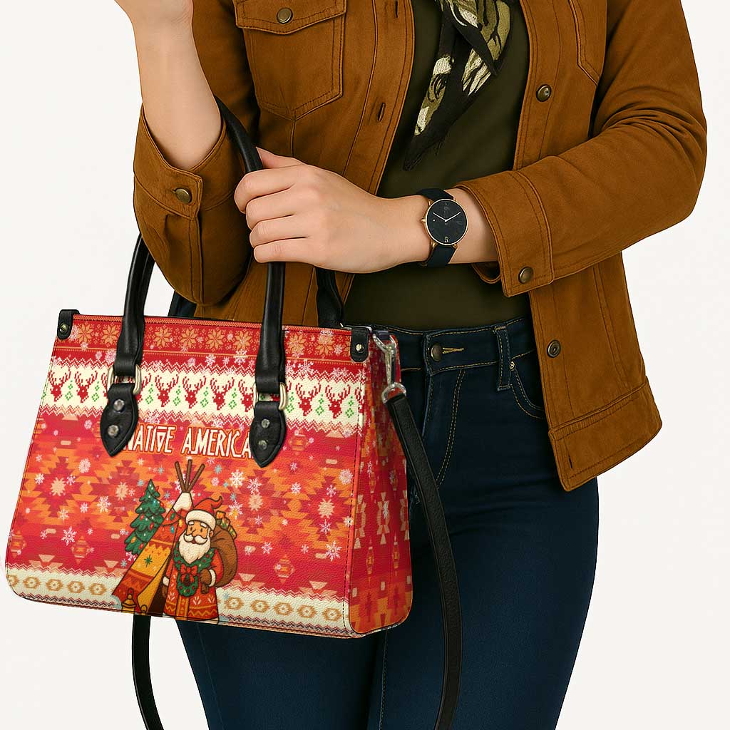 Native American Christmas Leather Bag with Red & Orange Geometric Pattern Santa Claus and Teepee Motif - Wonder Print Shop