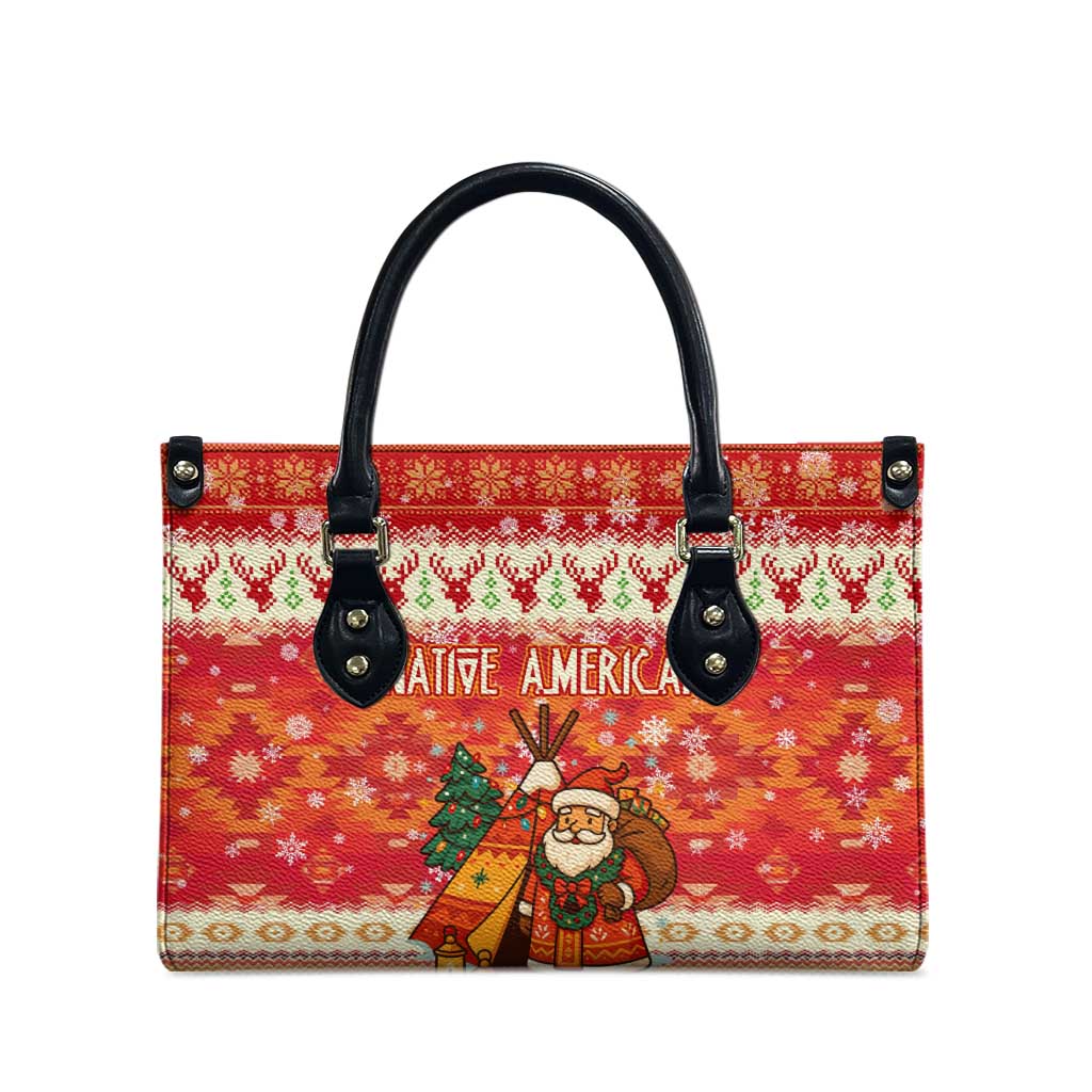 Native American Christmas Leather Bag with Red & Orange Geometric Pattern Santa Claus and Teepee Motif - Wonder Print Shop