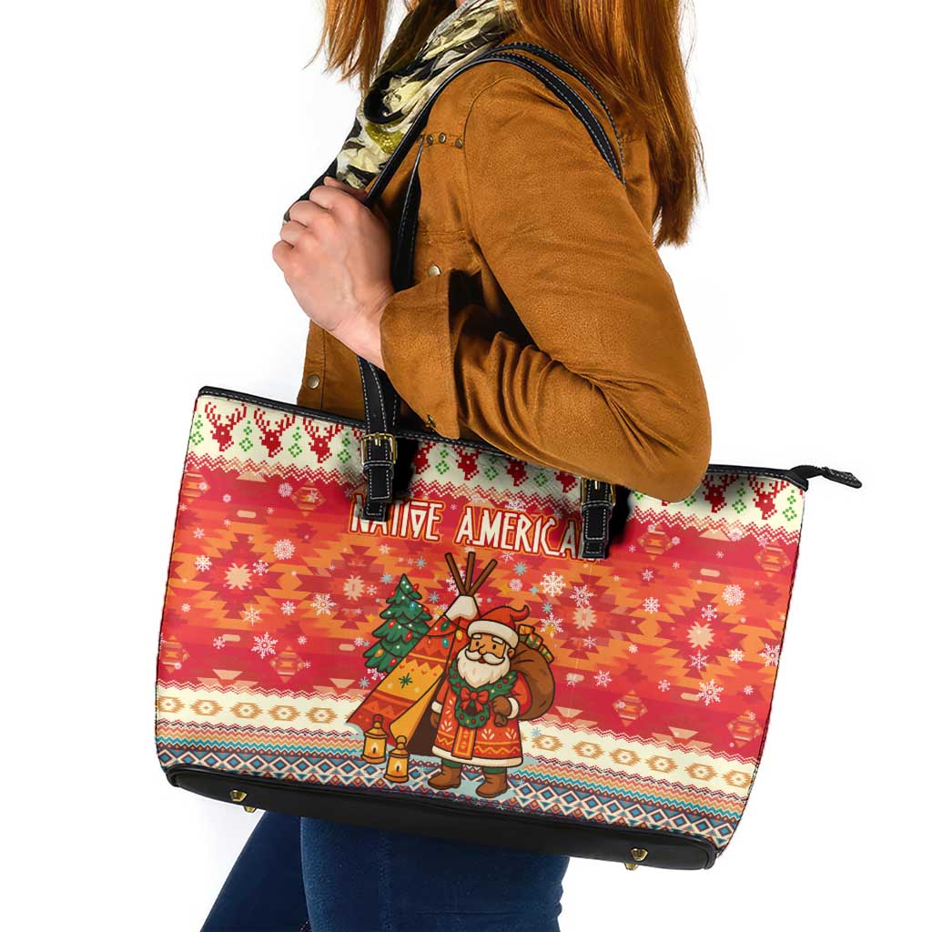 Native American Christmas Leather Tote Bag with Red & Orange Geometric Pattern Santa Claus and Teepee Motif - Wonder Print Shop