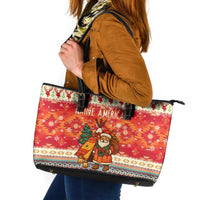 Native American Christmas Leather Tote Bag with Red & Orange Geometric Pattern Santa Claus and Teepee Motif - Wonder Print Shop