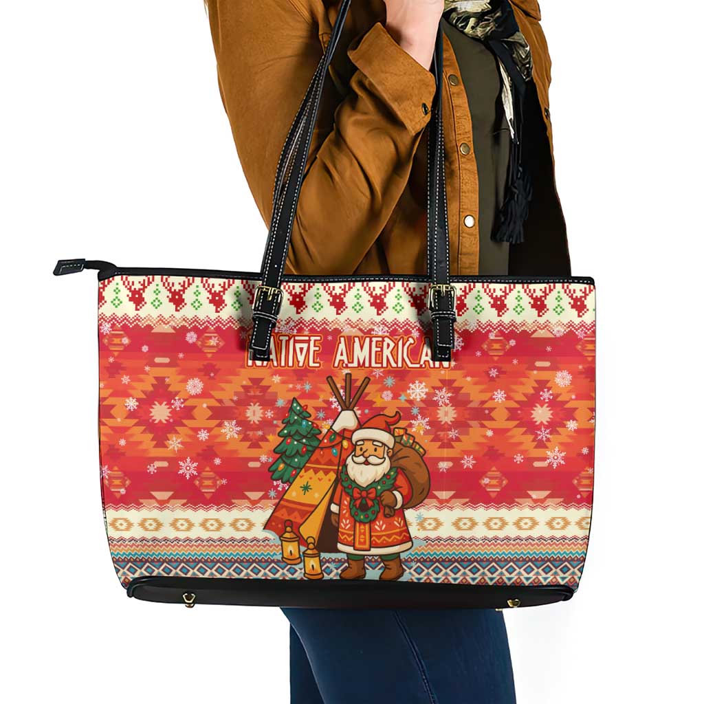 Native American Christmas Leather Tote Bag with Red & Orange Geometric Pattern Santa Claus and Teepee Motif - Wonder Print Shop