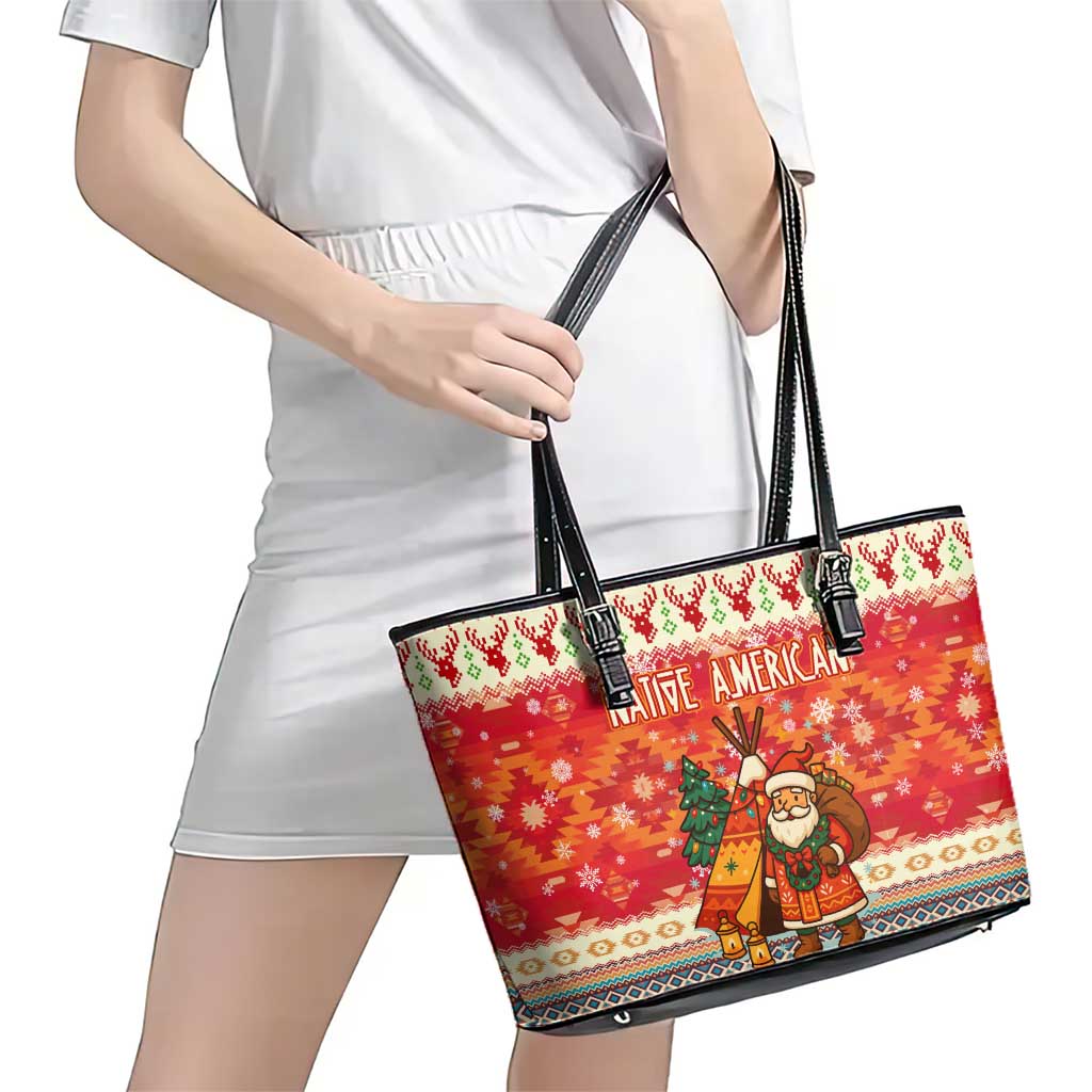 Native American Christmas Leather Tote Bag with Red & Orange Geometric Pattern Santa Claus and Teepee Motif - Wonder Print Shop