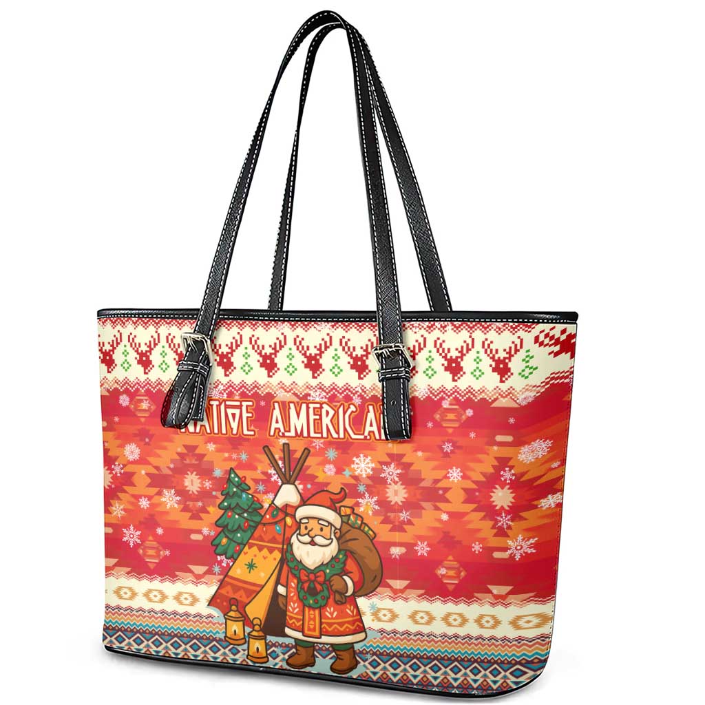 Native American Christmas Leather Tote Bag with Red & Orange Geometric Pattern Santa Claus and Teepee Motif - Wonder Print Shop