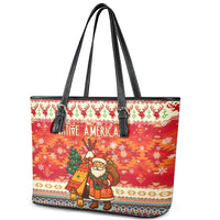 Native American Christmas Leather Tote Bag with Red & Orange Geometric Pattern Santa Claus and Teepee Motif - Wonder Print Shop