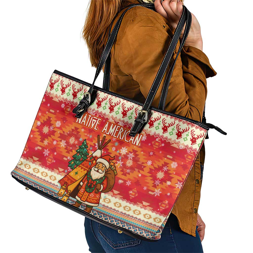 Native American Christmas Leather Tote Bag with Red & Orange Geometric Pattern Santa Claus and Teepee Motif - Wonder Print Shop