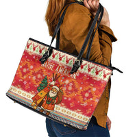 Native American Christmas Leather Tote Bag with Red & Orange Geometric Pattern Santa Claus and Teepee Motif - Wonder Print Shop