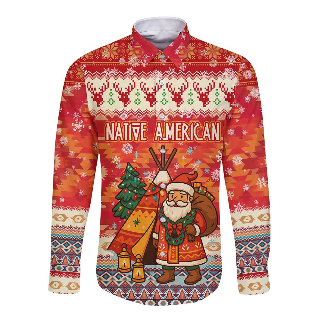Native American Christmas Long Sleeve Button Shirt with Red & Orange Geometric Pattern Santa Claus and Teepee Motif - Wonder Print Shop