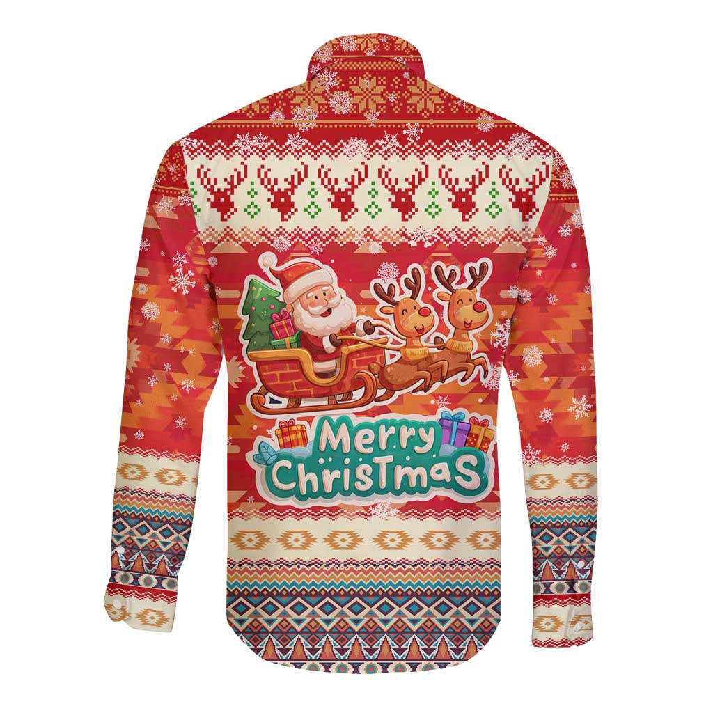 Native American Christmas Long Sleeve Button Shirt with Red & Orange Geometric Pattern Santa Claus and Teepee Motif - Wonder Print Shop