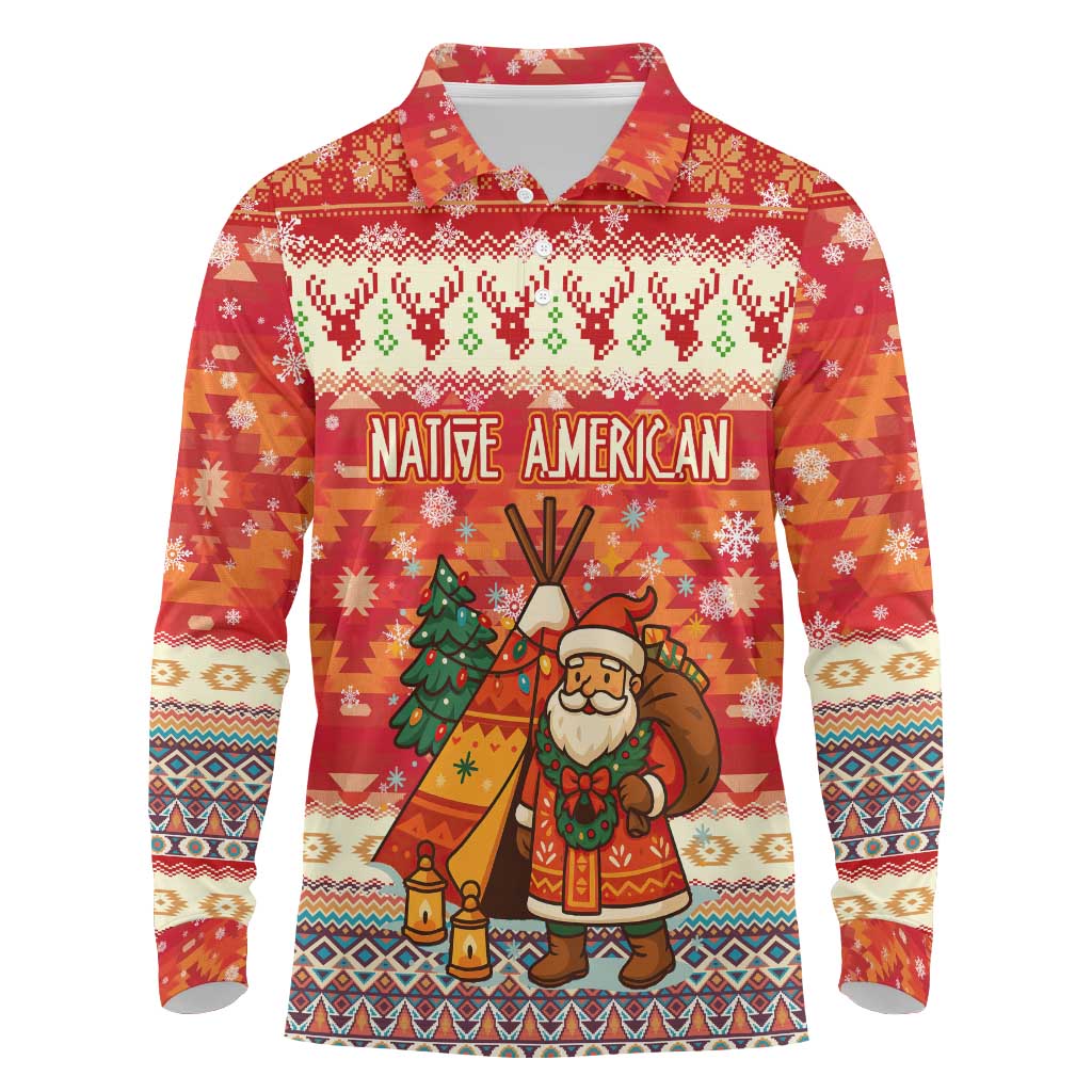 Native American Christmas Long Sleeve Polo Shirt with Red & Orange Geometric Pattern Santa Claus and Teepee Motif - Wonder Print Shop