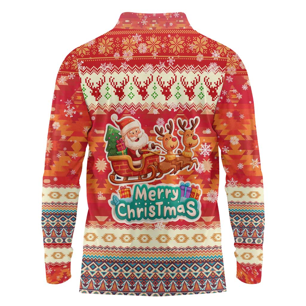 Native American Christmas Long Sleeve Polo Shirt with Red & Orange Geometric Pattern Santa Claus and Teepee Motif - Wonder Print Shop