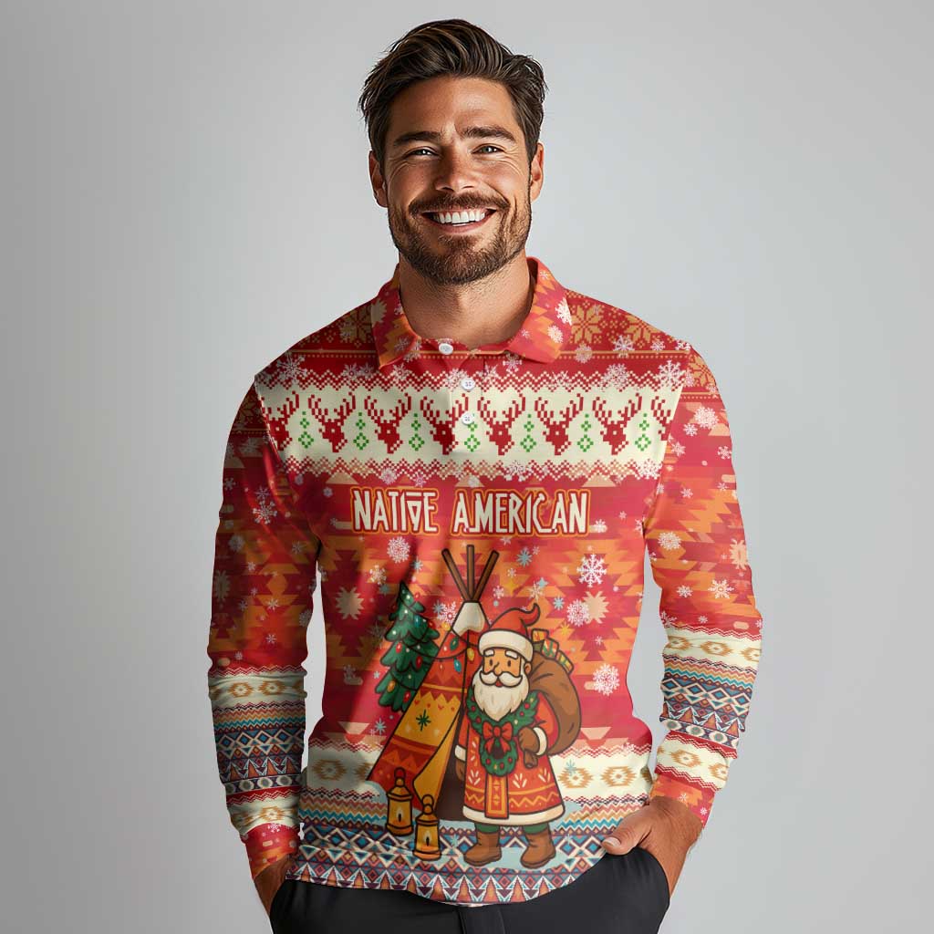 Native American Christmas Long Sleeve Polo Shirt with Red & Orange Geometric Pattern Santa Claus and Teepee Motif - Wonder Print Shop