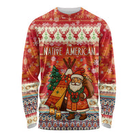 Native American Christmas Long Sleeve Shirt with Red & Orange Geometric Pattern Santa Claus and Teepee Motif - Wonder Print Shop
