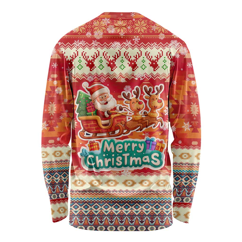 Native American Christmas Long Sleeve Shirt with Red & Orange Geometric Pattern Santa Claus and Teepee Motif - Wonder Print Shop