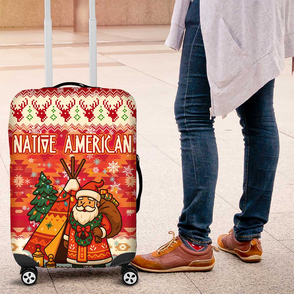 Native American Christmas Luggage Cover with Red & Orange Geometric Pattern Santa Claus and Teepee Motif - Wonder Print Shop