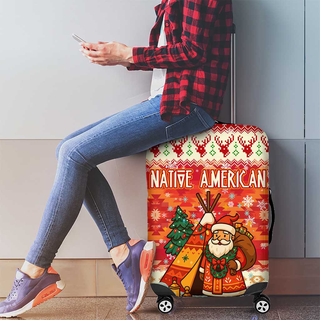 Native American Christmas Luggage Cover with Red & Orange Geometric Pattern Santa Claus and Teepee Motif - Wonder Print Shop