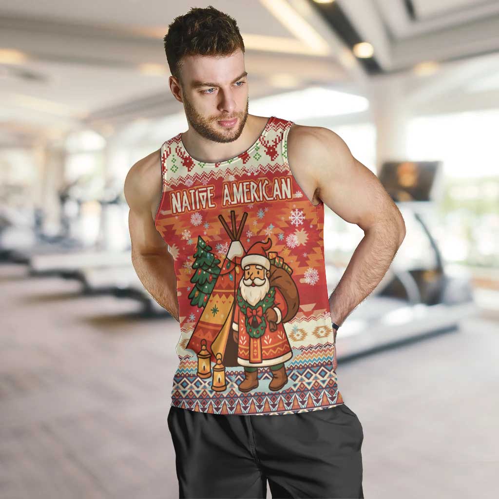 Native American Christmas Men Tank Top with Red & Orange Geometric Pattern Santa Claus and Teepee Motif - Wonder Print Shop