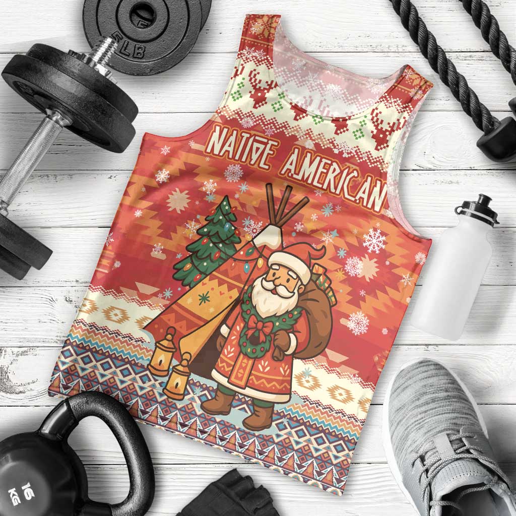 Native American Christmas Men Tank Top with Red & Orange Geometric Pattern Santa Claus and Teepee Motif - Wonder Print Shop