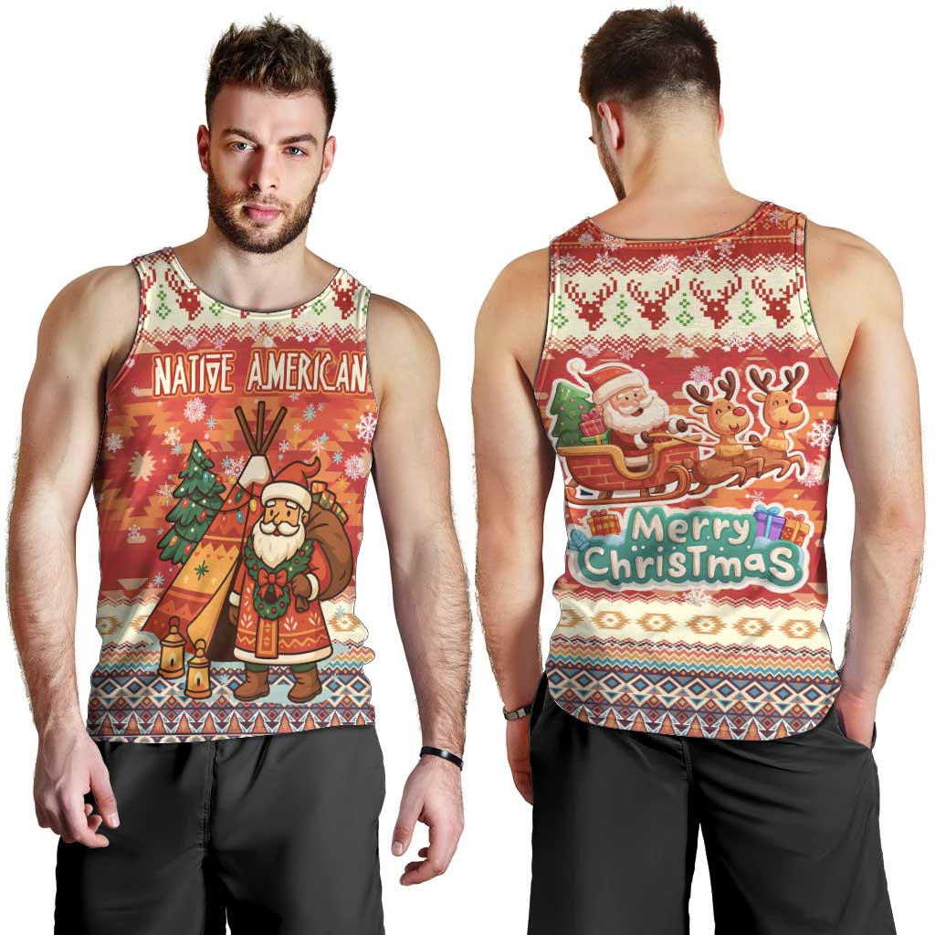 Native American Christmas Men Tank Top with Red & Orange Geometric Pattern Santa Claus and Teepee Motif - Wonder Print Shop
