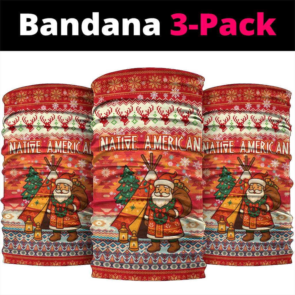 Native American Christmas Neck Gaiter with Red & Orange Geometric Pattern Santa Claus and Teepee Motif - Wonder Print Shop