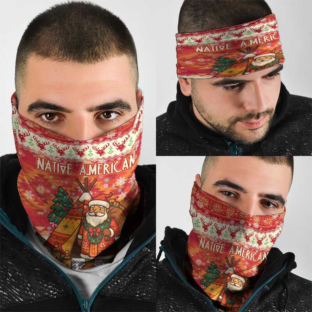 Native American Christmas Neck Gaiter with Red & Orange Geometric Pattern Santa Claus and Teepee Motif - Wonder Print Shop