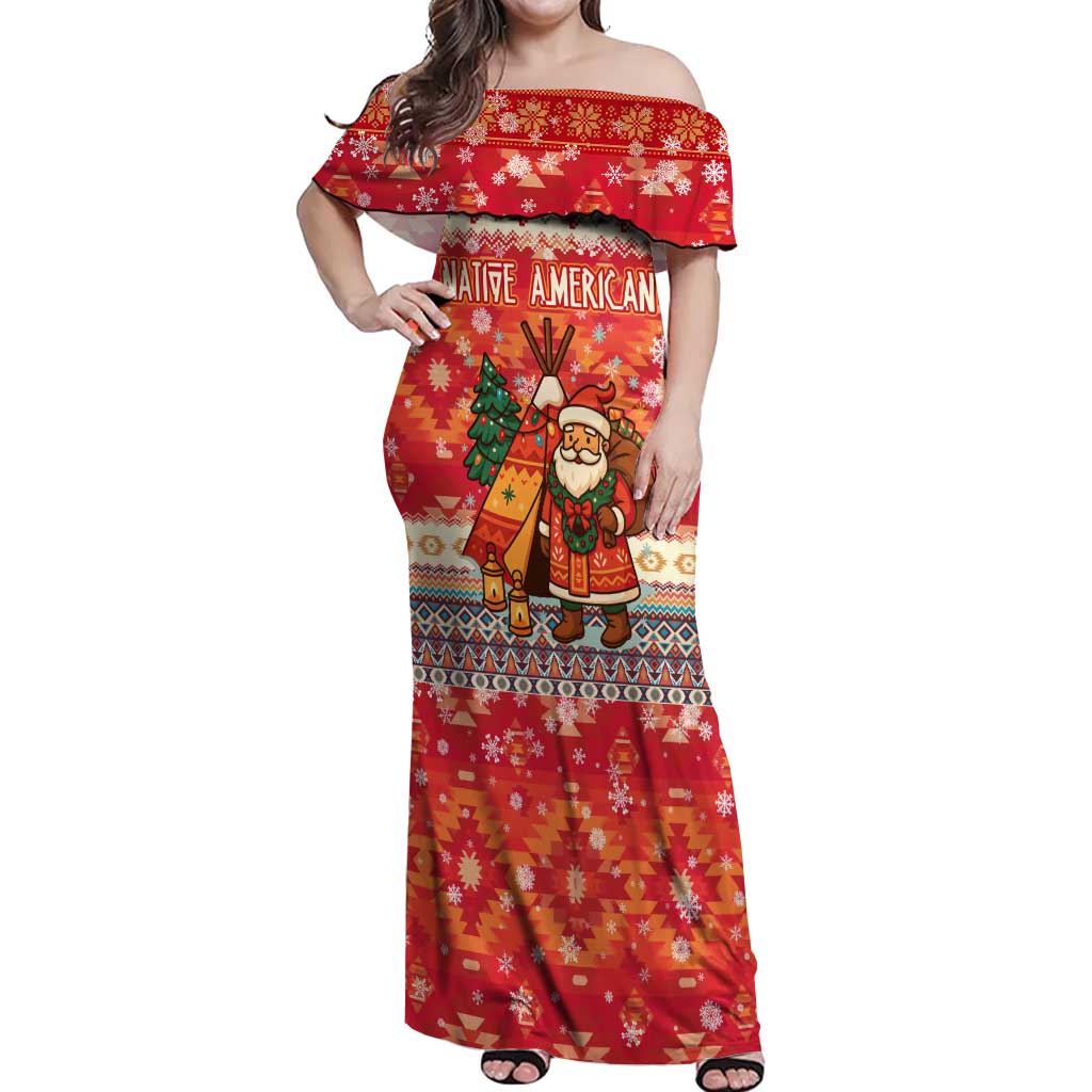 Native American Christmas Off Shoulder Maxi Dress with Red & Orange Geometric Pattern Santa Claus and Teepee Motif - Wonder Print Shop