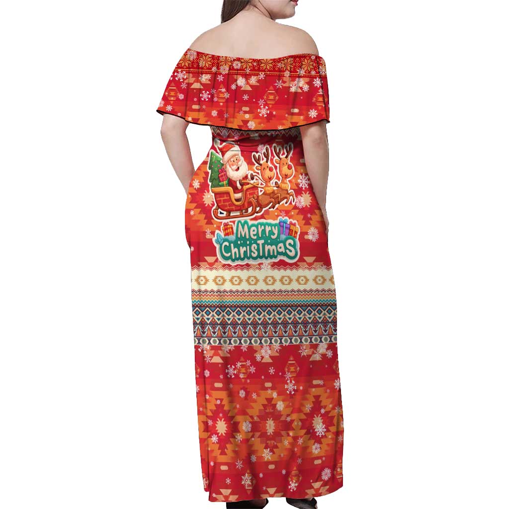 Native American Christmas Off Shoulder Maxi Dress with Red & Orange Geometric Pattern Santa Claus and Teepee Motif - Wonder Print Shop