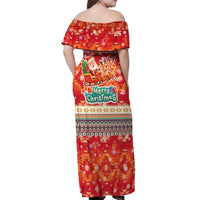 Native American Christmas Off Shoulder Maxi Dress with Red & Orange Geometric Pattern Santa Claus and Teepee Motif - Wonder Print Shop
