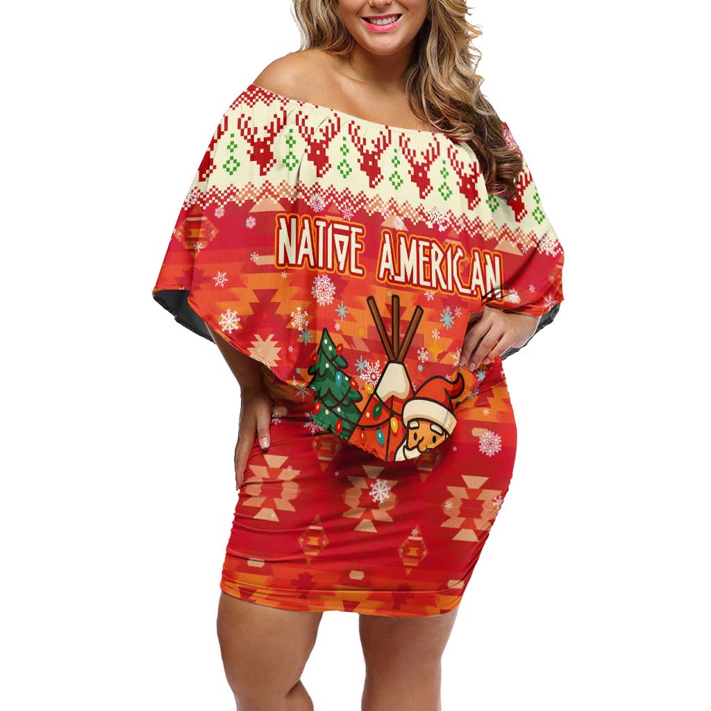 Native American Christmas Off Shoulder Short Dress with Red & Orange Geometric Pattern Santa Claus and Teepee Motif - Wonder Print Shop