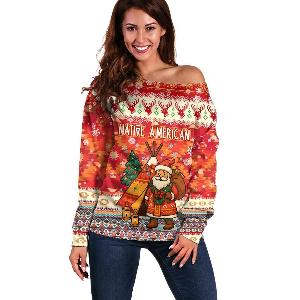Native American Christmas Off Shoulder Sweater with Red & Orange Geometric Pattern Santa Claus and Teepee Motif - Wonder Print Shop