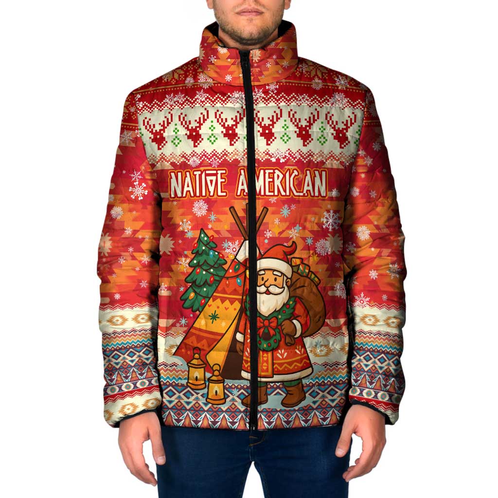 Native American Christmas Padded Jacket with Red & Orange Geometric Pattern Santa Claus and Teepee Motif - Wonder Print Shop