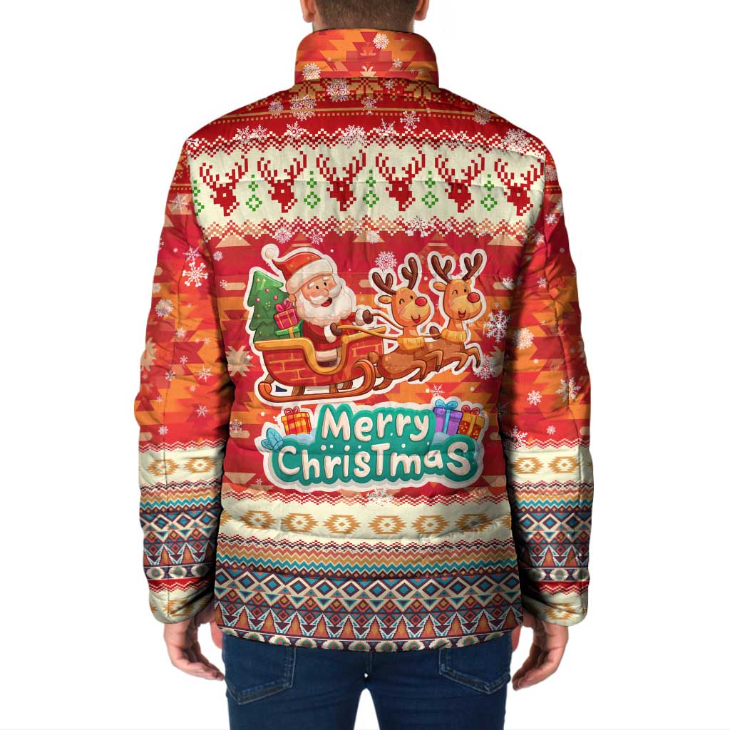 Native American Christmas Padded Jacket with Red & Orange Geometric Pattern Santa Claus and Teepee Motif - Wonder Print Shop