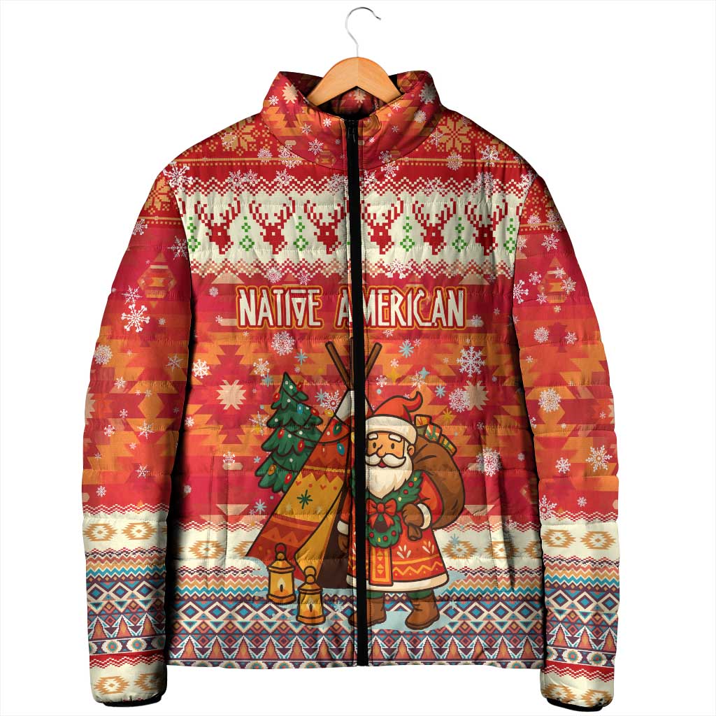 Native American Christmas Padded Jacket with Red & Orange Geometric Pattern Santa Claus and Teepee Motif - Wonder Print Shop