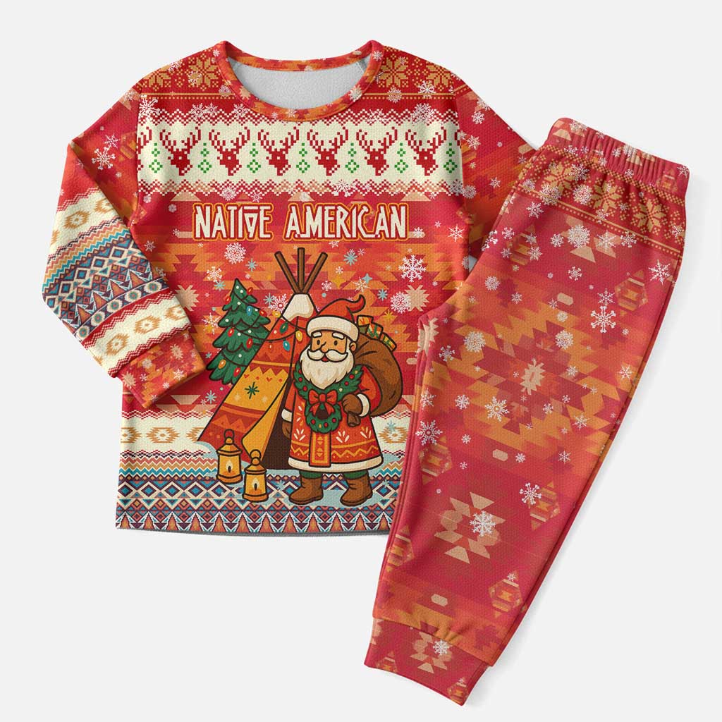 Native American Christmas Pajama Set with Red & Orange Geometric Pattern Santa Claus and Teepee Motif - Wonder Print Shop