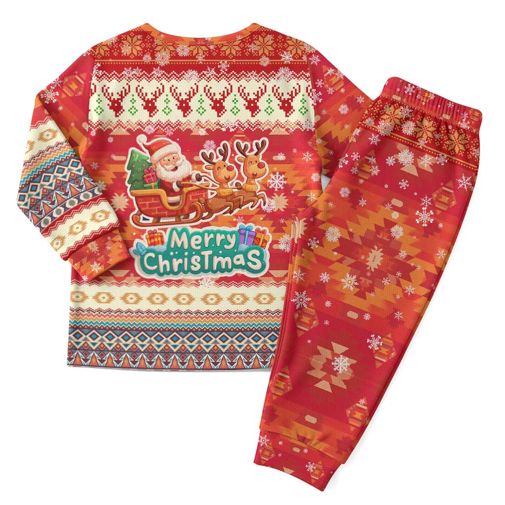 Native American Christmas Pajama Set with Red & Orange Geometric Pattern Santa Claus and Teepee Motif - Wonder Print Shop