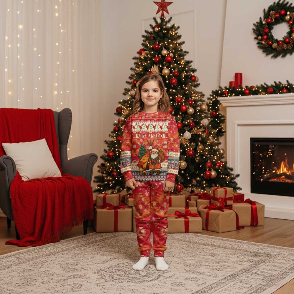 Native American Christmas Pajama Set with Red & Orange Geometric Pattern Santa Claus and Teepee Motif - Wonder Print Shop