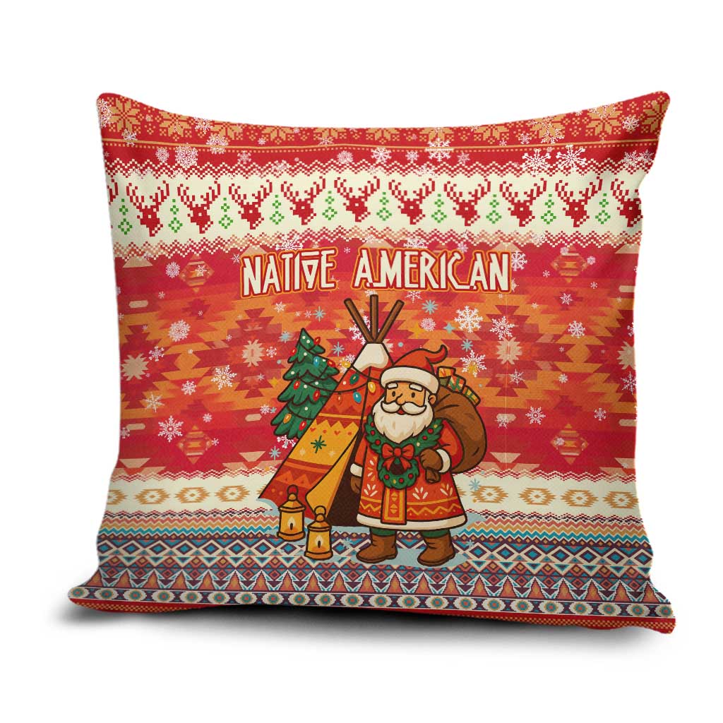 Native American Christmas Pillow Cover with Red & Orange Geometric Pattern Santa Claus and Teepee Motif - Wonder Print Shop