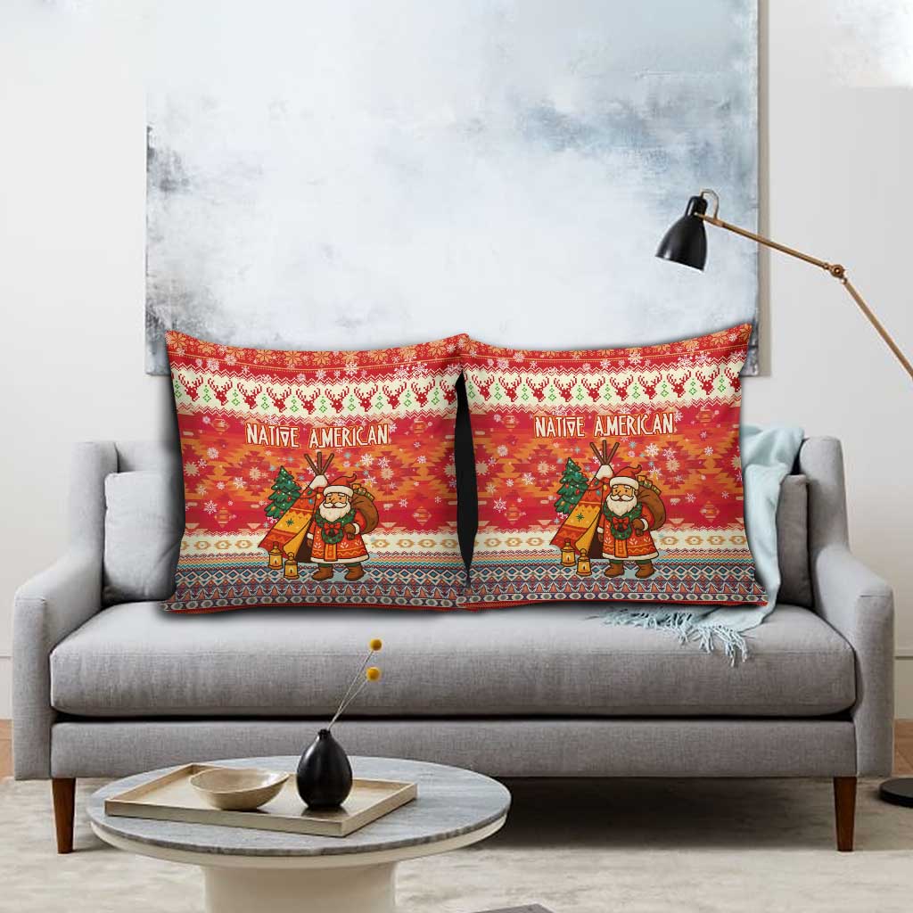 Native American Christmas Pillow Cover with Red & Orange Geometric Pattern Santa Claus and Teepee Motif - Wonder Print Shop