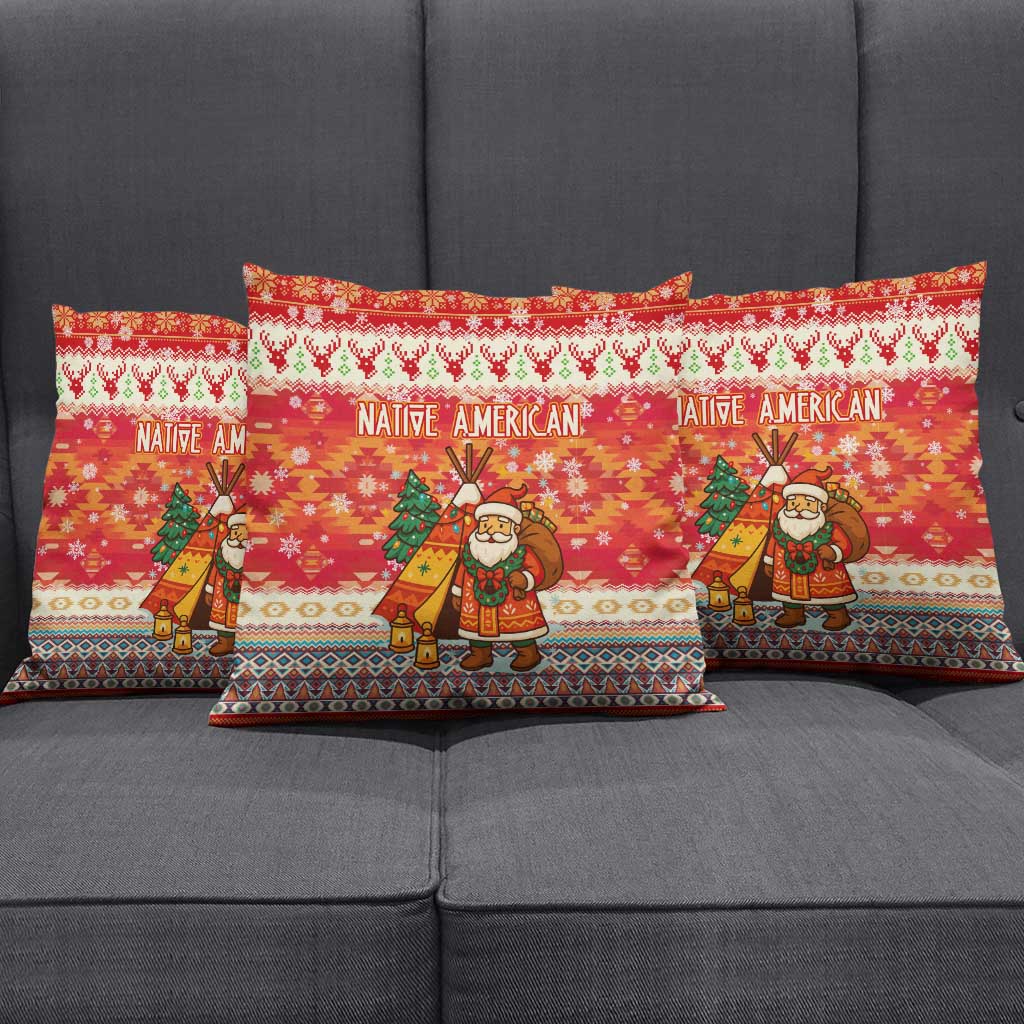 Native American Christmas Pillow Cover with Red & Orange Geometric Pattern Santa Claus and Teepee Motif - Wonder Print Shop