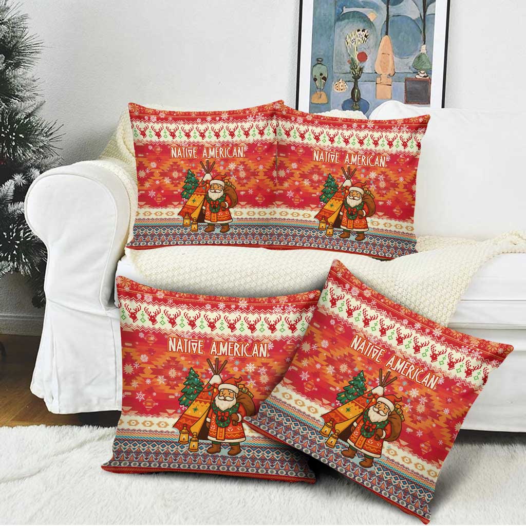 Native American Christmas Pillow Cover with Red & Orange Geometric Pattern Santa Claus and Teepee Motif - Wonder Print Shop
