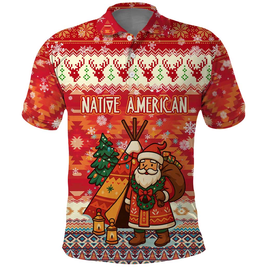 Native American Christmas Polo Shirt with Red & Orange Geometric Pattern Santa Claus and Teepee Motif - Wonder Print Shop