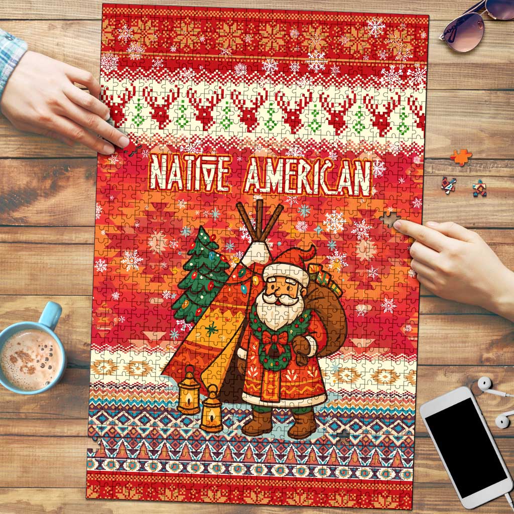 Native American Christmas Puzzle with Red & Orange Geometric Pattern Santa Claus and Teepee Motif - Wonder Print Shop