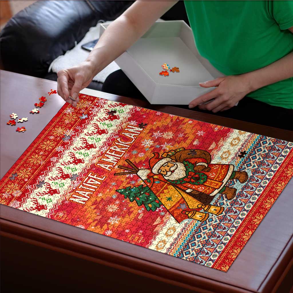 Native American Christmas Puzzle with Red & Orange Geometric Pattern Santa Claus and Teepee Motif - Wonder Print Shop