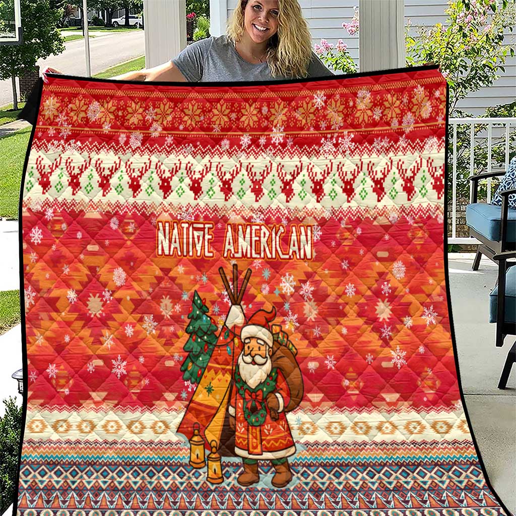 Native American Christmas Quilt with Red & Orange Geometric Pattern Santa Claus and Teepee Motif - Wonder Print Shop