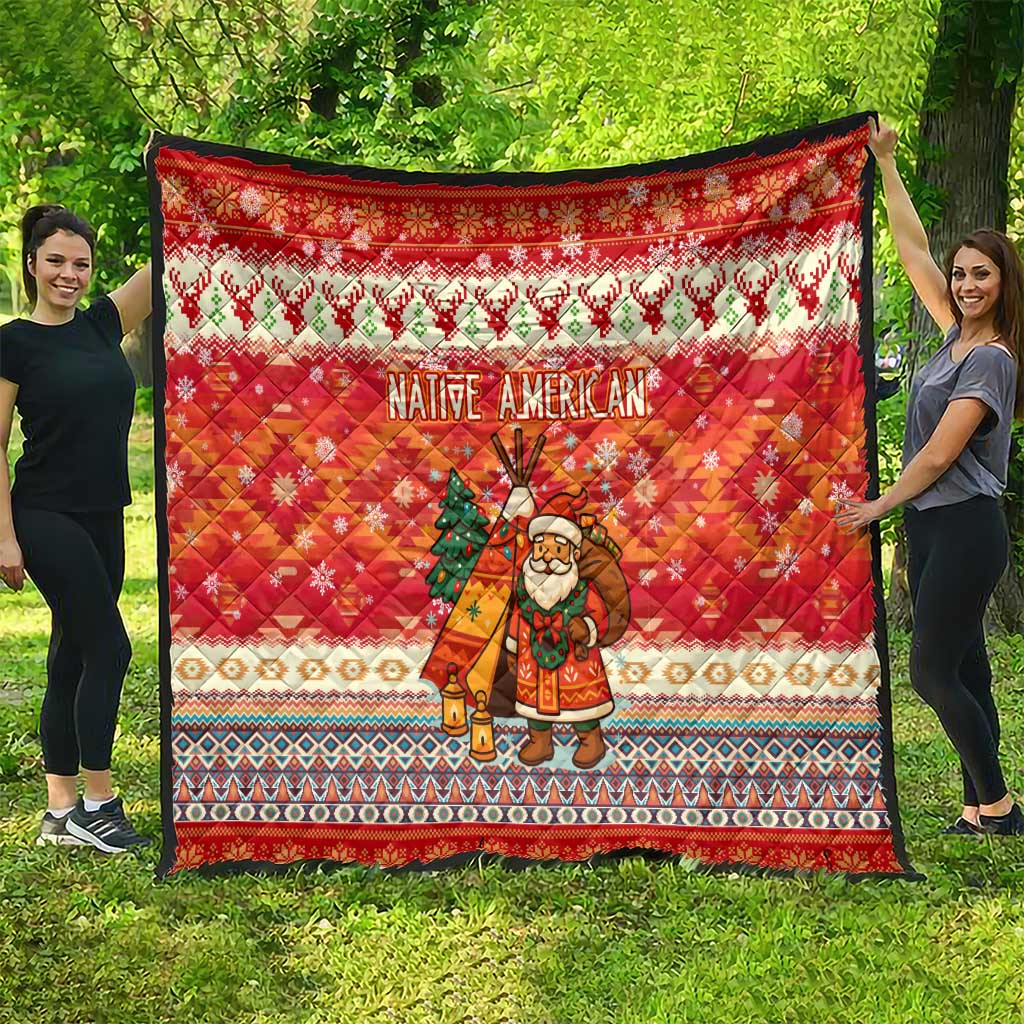 Native American Christmas Quilt with Red & Orange Geometric Pattern Santa Claus and Teepee Motif - Wonder Print Shop