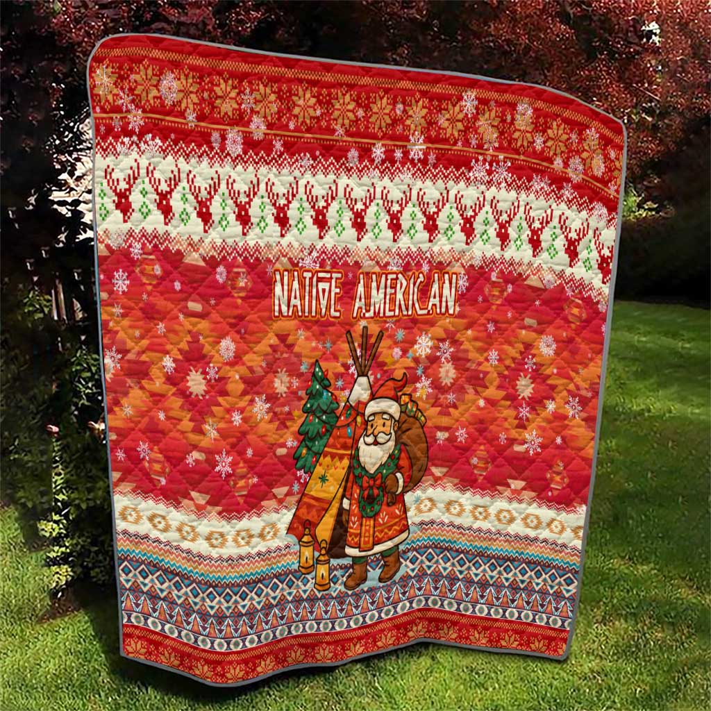 Native American Christmas Quilt with Red & Orange Geometric Pattern Santa Claus and Teepee Motif - Wonder Print Shop