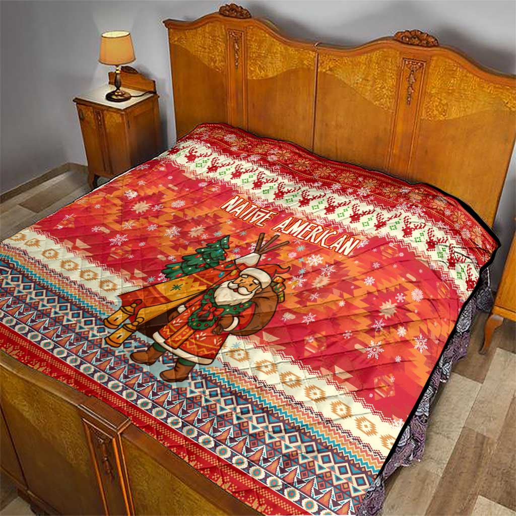 Native American Christmas Quilt with Red & Orange Geometric Pattern Santa Claus and Teepee Motif - Wonder Print Shop